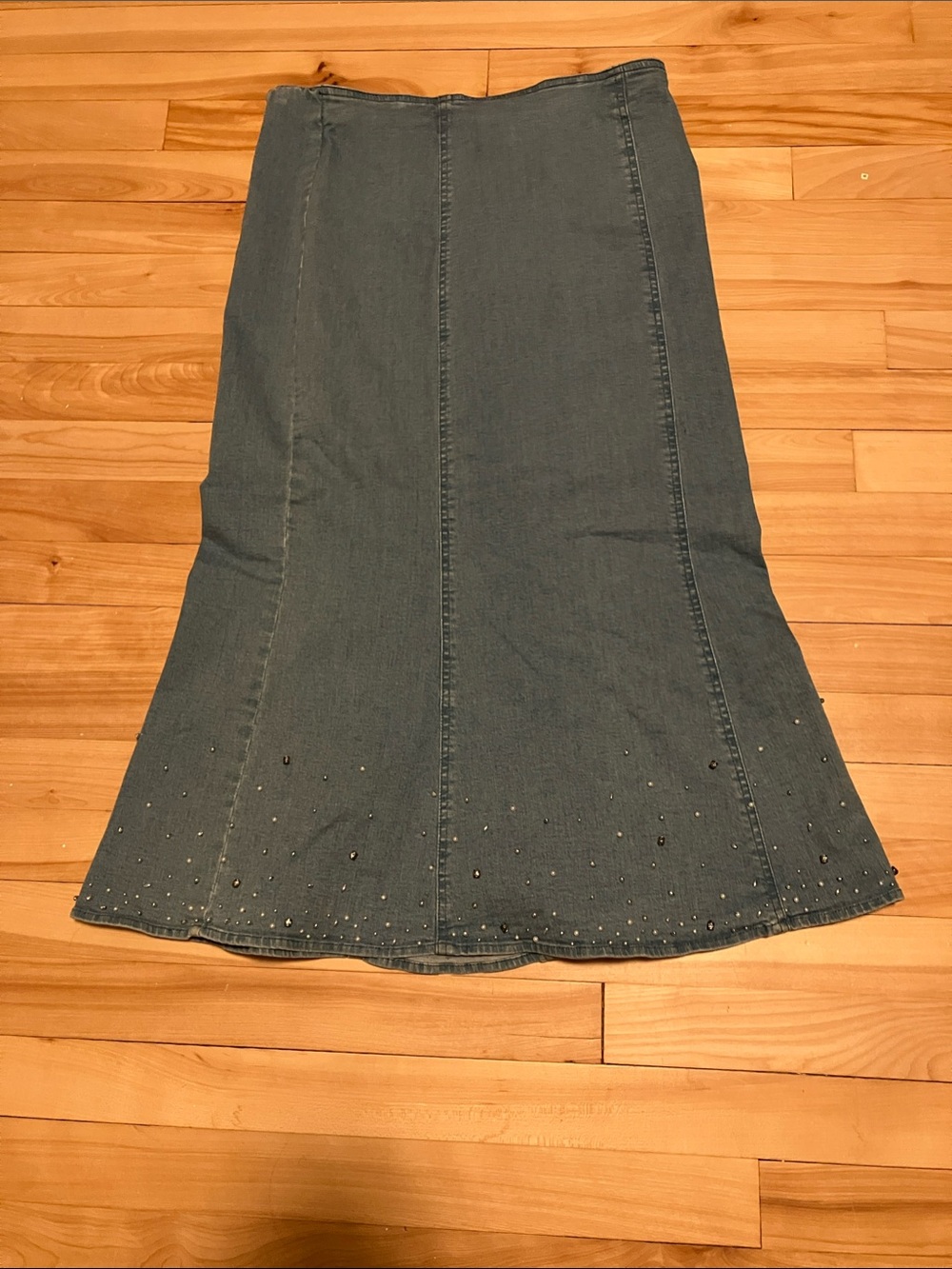 Vintage City Girl by Nancy Bohen Denim Maxi Skirt with Hem Stud Pearl Detail